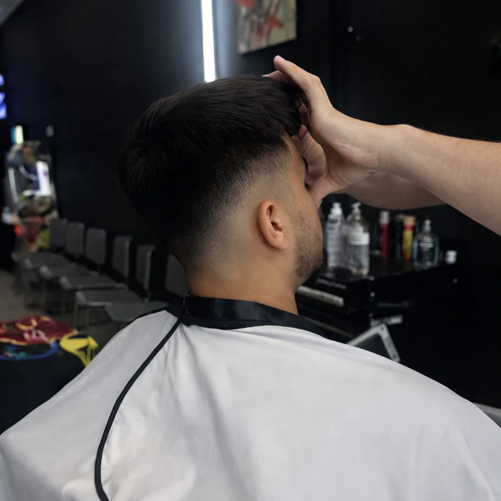 Low fade with length through the top, side view in chair