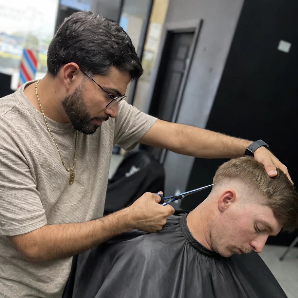Barber using scissors over comb on client with black cape