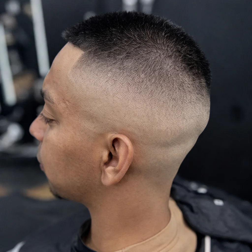 Barber trimming sides under ring light with client in bright cape