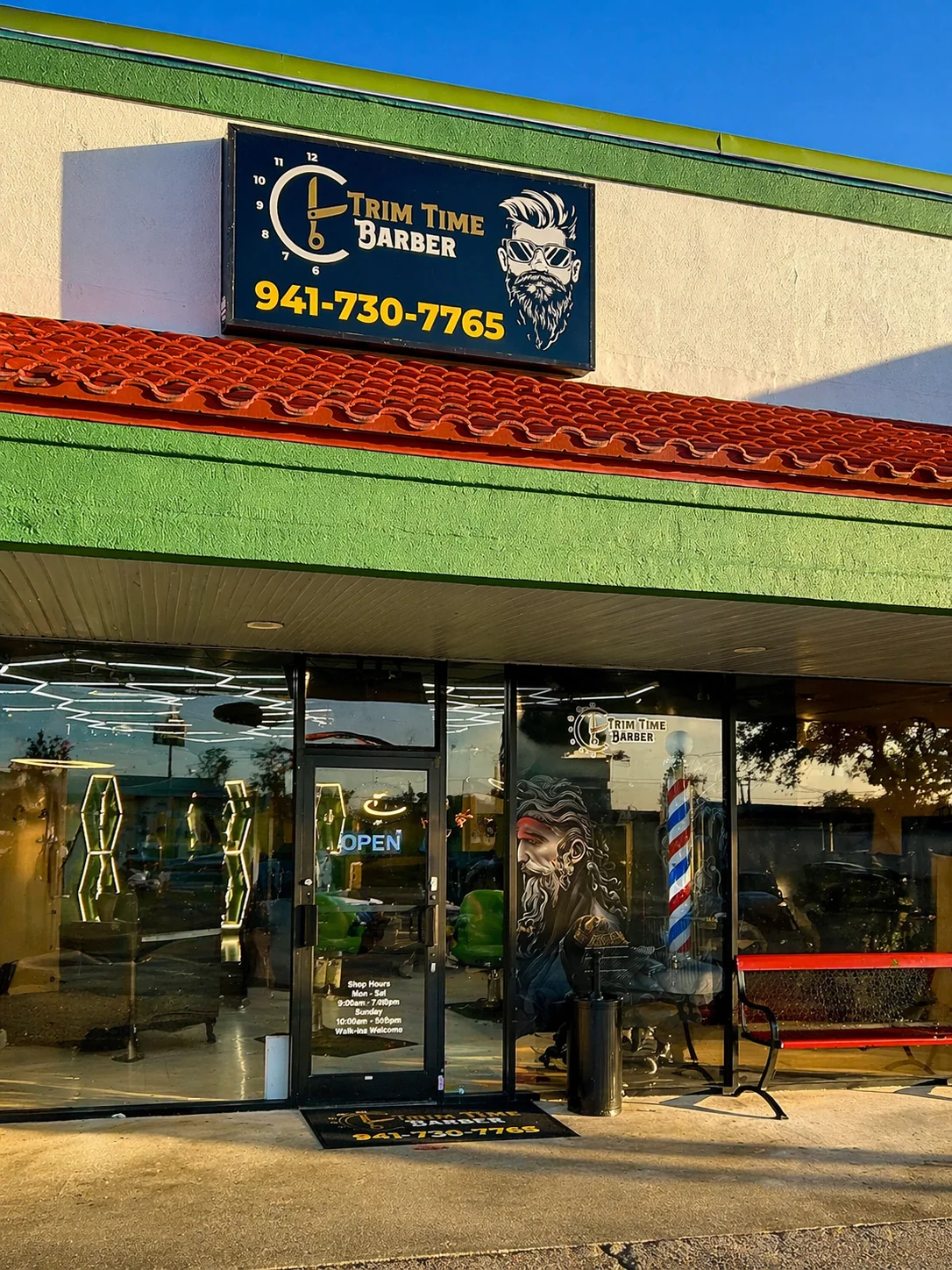 Barbershop interior with hexagonal LED ceiling lights